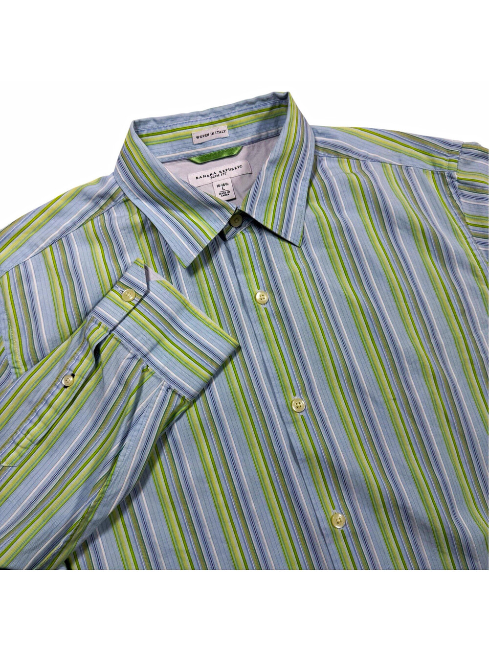 Banana Republic Slim Fit Men’s L Blue Green White Striped Cotton Button-Up